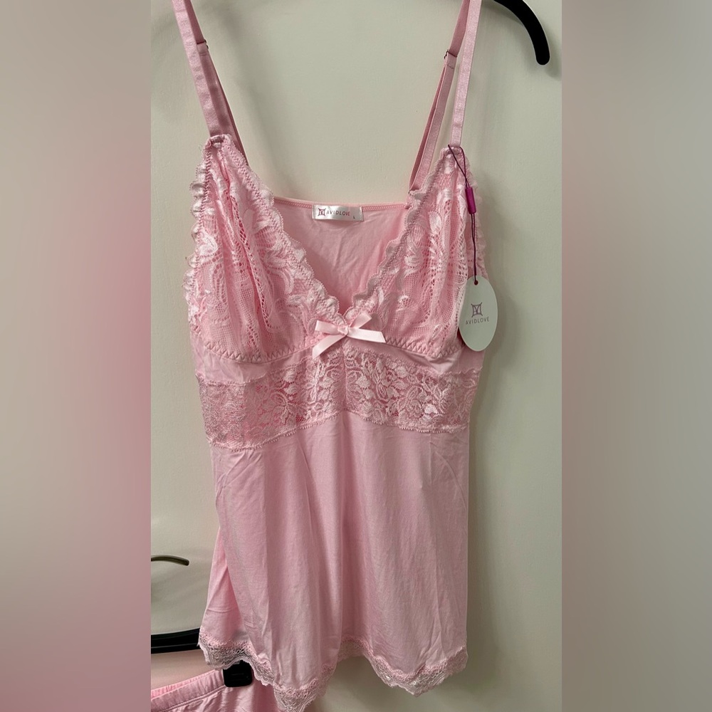Avidlove Two Piece Pink Cotton & Lace Chemise and Shorts NWT
